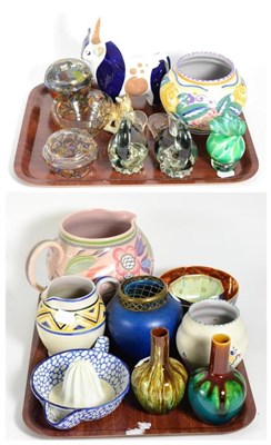 Lot 169 - A group of 20th century pottery and glass including Linthorpe vases, Wedgwood lustre bowls,...