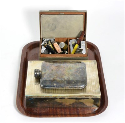 Lot 174 - A Continental white metal cigarette box; a silver plated hip flask by James Dixon; and a...