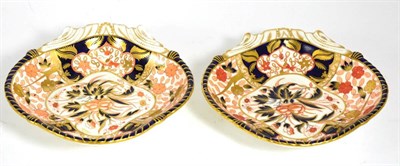 Lot 175 - A pair of Royal Crown Derby porcelain shell shaped dishes, late 19th century, decorated in the...