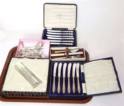 Lot 177 - Two cased sets of silver-handled butter knives together with a set of six silver shell bowled...