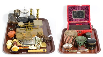 Lot 185 - Two trays of collectables including mother-of-pearl inlaid papier mache box, another similar,...