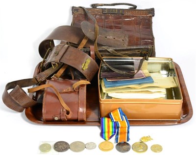 Lot 213 - A quantity of photographs, two medals, a small quantity of coins, Sam Brown belt, handbag,...