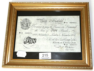 Lot 215 - A Bank of England white £5 note, Beale, London 5th November 1951, framed