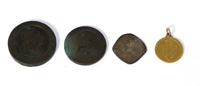 Lot 216 - A George III guinea, 8.8g and cartwheel penny, two pence and another coin