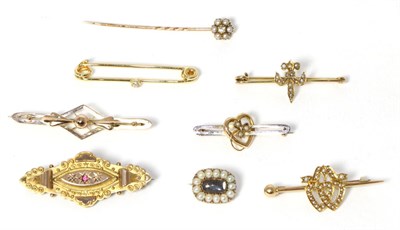 Lot 226 - A diamond and seed pearl cluster stick pin (cased), three seed pearl set brooches, an old cut...