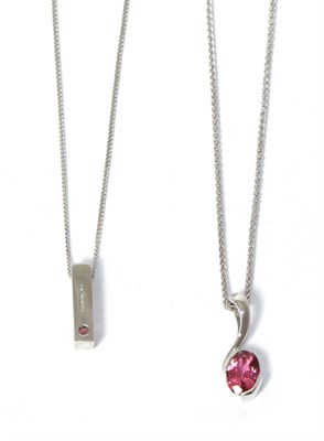 Lot 234 - Two 18 carat white gold pink tourmaline pendants on chains, chain length 41cm and 41.5cm