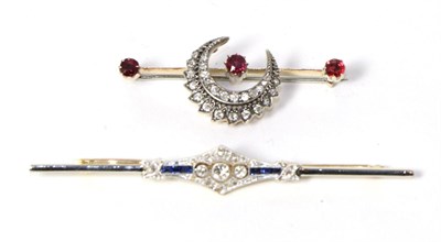 Lot 248 - A ruby and diamond crescent bar brooch, total estimated diamond weight 0.20 carat...