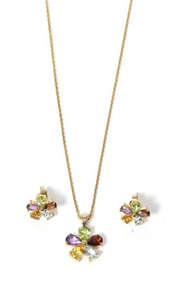 Lot 251 - A multi-gemstone pendant on chain and earrings set, a flower pattern pendant set with oval cut...