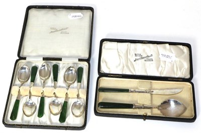 Lot 253 - A set of six sterling silver and 'jade' handled coffee spoons, by Stewart Dawson & Co, New Zealand