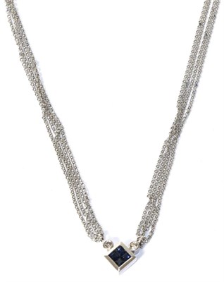 Lot 264 - A sapphire and diamond necklace, to an 18 carat white gold triple strand trace chain, total...