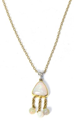 Lot 268 - An 18 carat gold opal and diamond necklace, on a fine chain necklace, estimated diamond weight 0.10