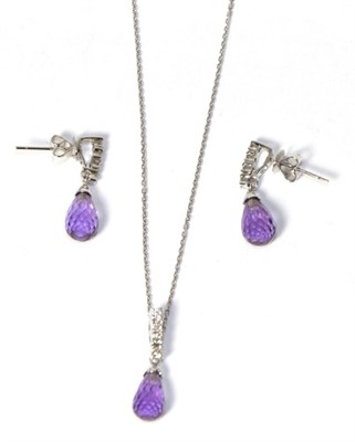 Lot 271 - An 18 carat white gold amethyst and diamond earring and necklace set, total estimated diamond...