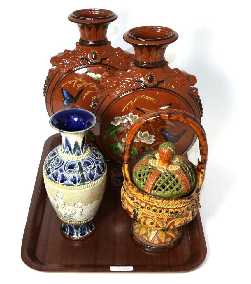 Lot 332 - A pair of Victorian moon flask vases, Doulton Lambeth vase numbered 1879 and a pot with pierced...