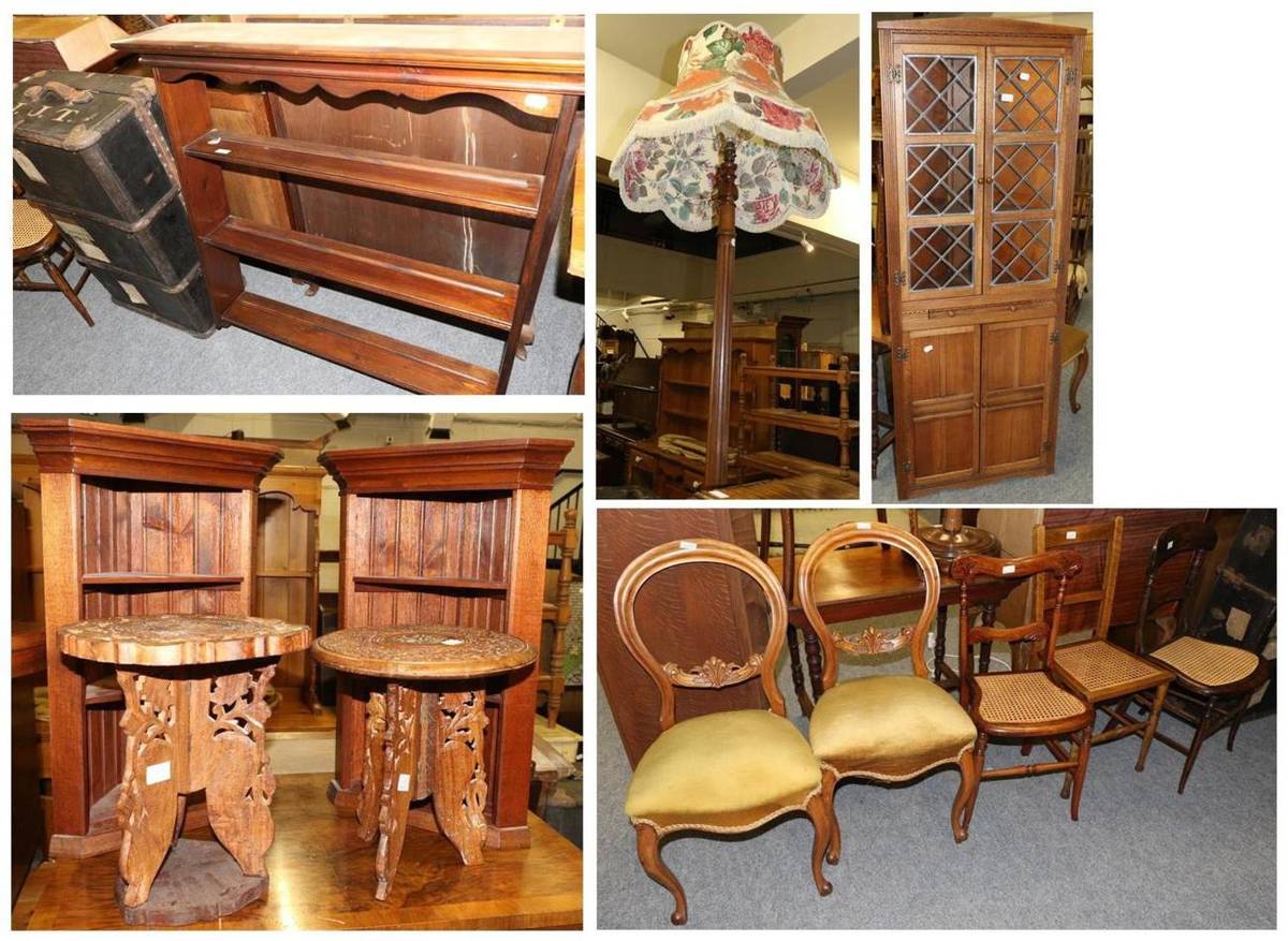 Lot 1099 - A reproduction demi lune hall table, a pair of small hanging corner cupboards, a pair of early 20th