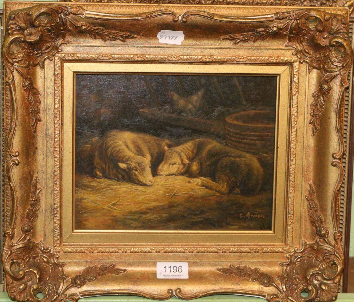 Lot 1196 - Susan Park, still life of fruit, oil on panel, C Arman, study of sheep in a barn, oil on panel...