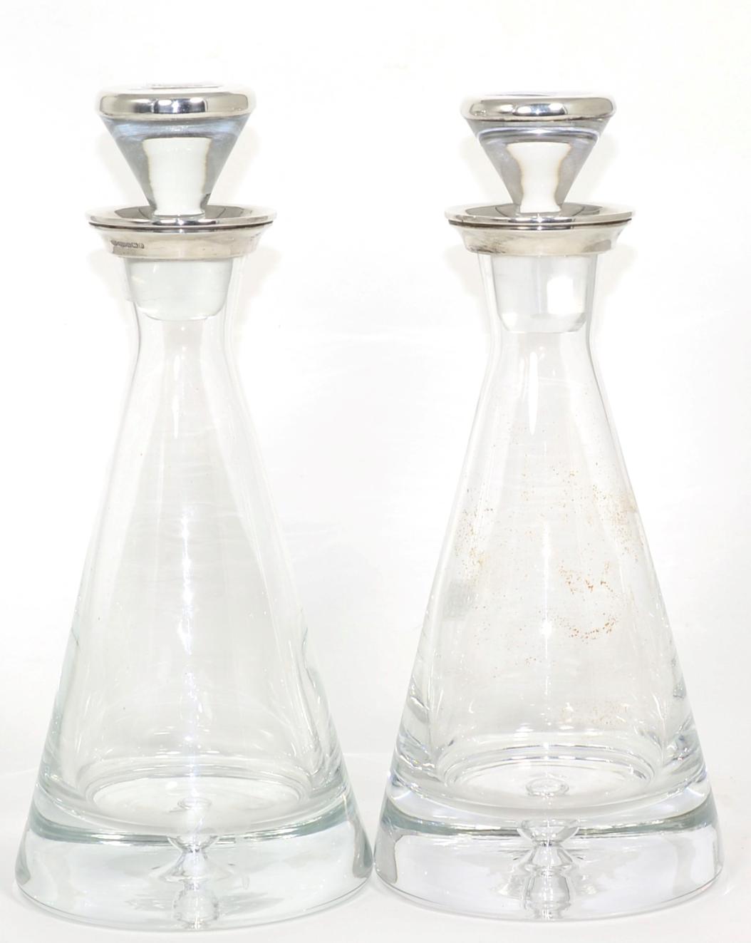 Lot 15 - A pair of modern silver mounted decanters, marked B & Co. Birmingham, of conical form with...