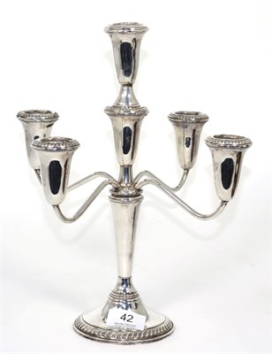 Lot 42 - An American sterling five-light candelabra, stamped Empire Sterling, bearing Gump's label to...