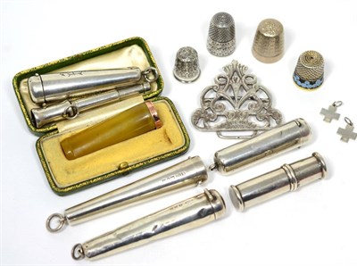 Lot 66 - Four silver cheroot holder cases; a gold mounted cheroot holder; two silver thimbles; a Russian...