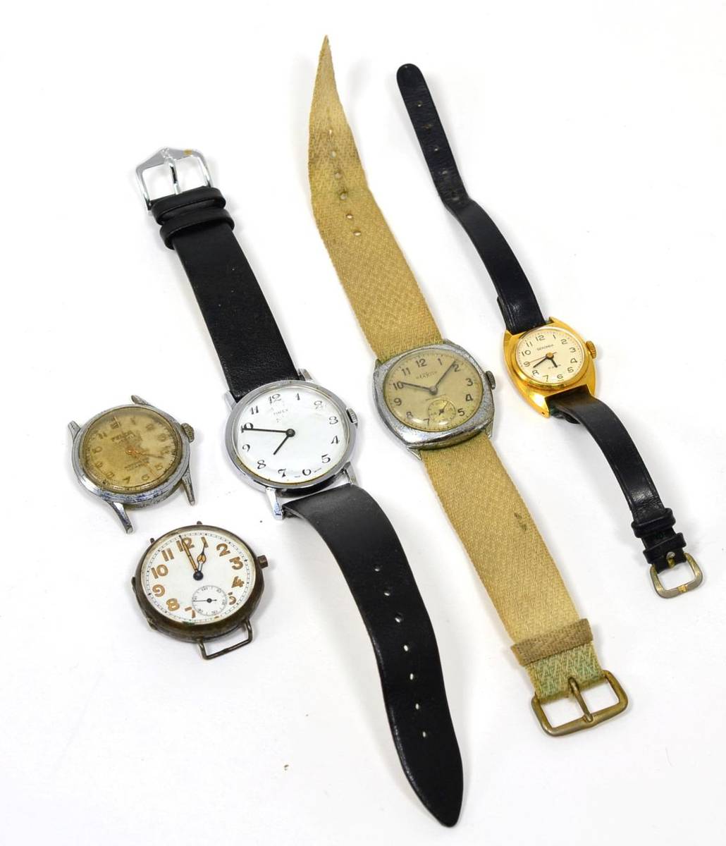 Lot 68 - A silver enamelled dial wristwatch, Timex steel wristwatch, Felca chrome plated wristwatch and...