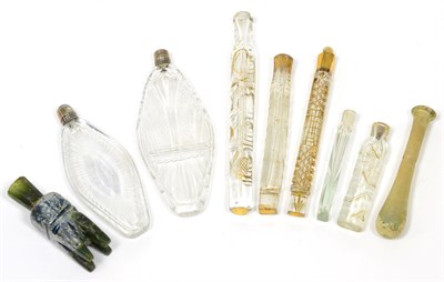 Lot 70 - Two 19th century glass scent flasks, five glass scents, Roman glass and glass bottle (9)
