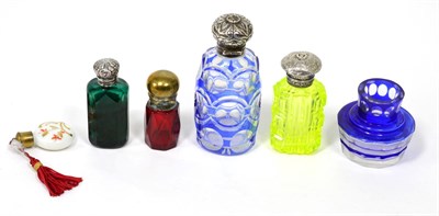 Lot 73 - Four Victorian coloured glass scent bottles, a Bohemian glass ink and a Victorian white glass scent