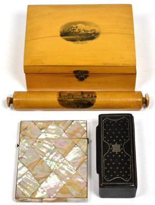 Lot 82 - Mauchline ware box ";Dover Castle"; and a rolling pin ";Alexandra Palace";, a Victorian mother...