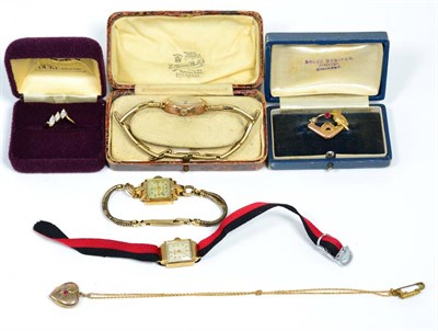 Lot 84 - Three gold cased lady's watches; an Australian seed pearl and paste brooch; a ruby set heart-shaped