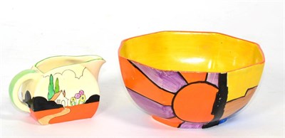 Lot 90 - A Clarice Cliff Sunray pattern octagonal bowl (chip to rim); and an Idyll pattern cream jug...