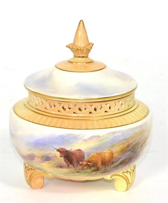 Lot 95 - A Royal Worcester vase and cover, painted with highland cattle by Harry Stinton, with interior...