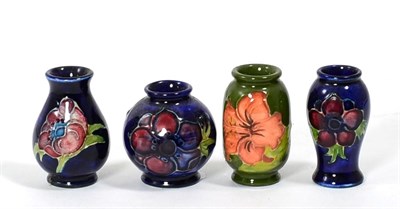 Lot 103 - Four Moorcroft miniature vases; Coral, Hibiscus and Anemone (4)