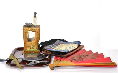 Lot 108 - A hand mirror, a letter opener, two Chinese sticks, a fan, a white metal show, a scent bottle,...