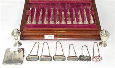 Lot 110 - A cased set of eighteen pairs of silver handled dessert knives and forks; a pair of silver...