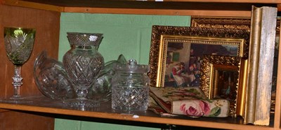 Lot 118 - A large Bohemian cut glass goblet, a large cut glass bowl, pictures and a tapestry bell pull