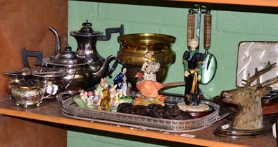 Lot 120 - Assorted ceramics, silver plate, magnifying glass/paper knife stand, fox figure group etc