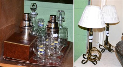 Lot 121 - Pair of lamps, two cocktail shakers, two decanters, Richard decanter set and a Royal Crown...