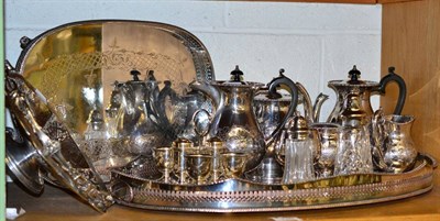 Lot 130 - Group of electroplated items including a five piece tea and coffee service; egg cruet;...