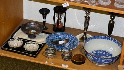 Lot 138 - Various silver and plate with large egg timer, lacquered box, a Kangxi style dish and blue and...