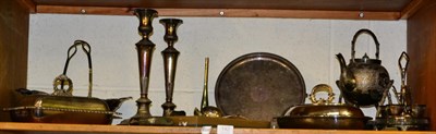 Lot 142 - Plated wares including a pair of candlesticks; a salver; entree dishes; a spirit kettle etc