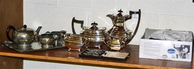 Lot 144 - An electroplated four piece tea service by Walker & Hall; a set of six King's pattern silver coffee