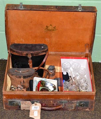 Lot 152 - Two pairs of binoculars; a leather suitcase; a small quantity of plated ware; glass and...
