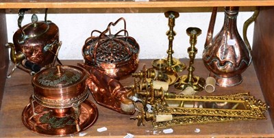 Lot 157 - A group of 19th century and later copper and brass including crumb tray, candlesticks, a pair...