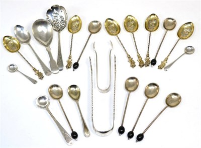 Lot 171 - A set of six silver Coronation spoons, Birmingham, 1901; a set of six silver coffee bean...