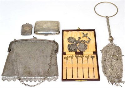 Lot 178 - A silver cigarette case; a silver vesta case; an Oriental white metal drawstring purse,...
