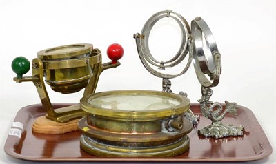 Lot 195 - A brass nautical compass; another nautical compass on gimbal and a pair of wall lights modelled...