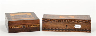 Lot 198 - Tunbridge ware box, with butterfly decorated cover and another Tunbridge ware box, with a...