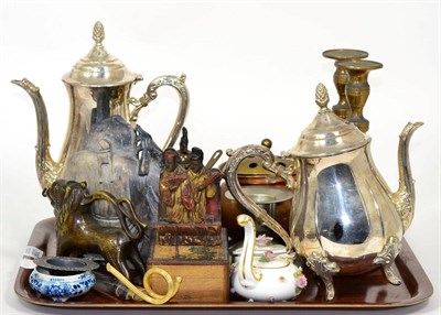 Lot 206 - A quantity of metal wares, candlesticks, bronzed figure, soapstone figure, Meissen floral encrusted