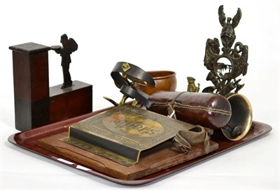 Lot 226 - Assorted collectables comprising: a cast pocket watch stand; a shop bell; a brass 'Papers'...