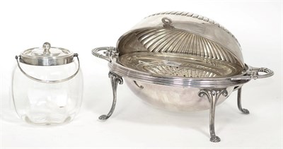 Lot 230 - A silver mounted glass biscuit barrel, Joseph Rodgers, Sheffield 1909; and an electroplated...