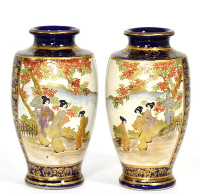 Lot 248 - A pair of Satsuma earthenware blue ground vases