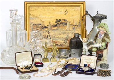 Lot 255 - Assorted china figures; glass decanters; costume jewellery; Australian bark picture etc